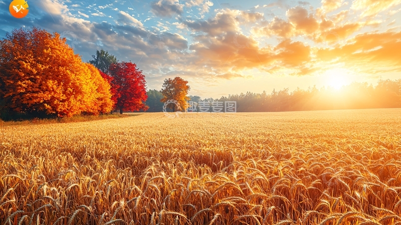高清大图下载【趣麦麦图】秋日麦田夕阳景色
