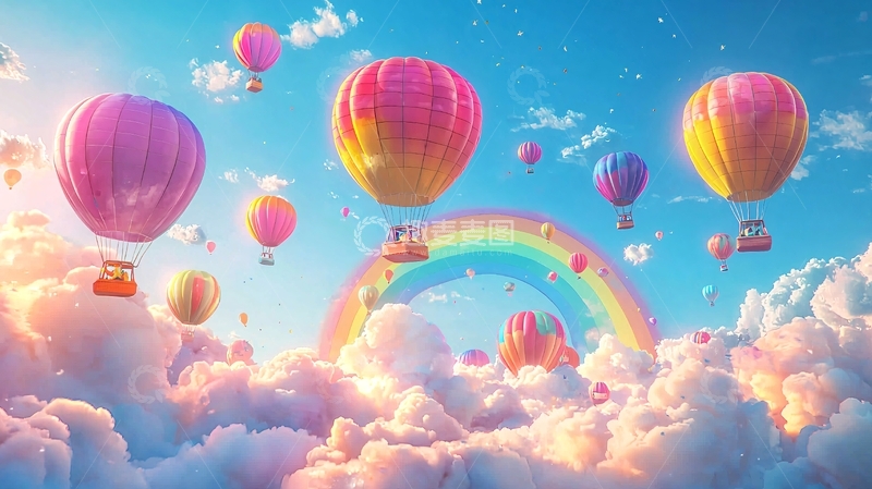 高清大图下载【趣麦麦图】彩色热气球彩虹云朵