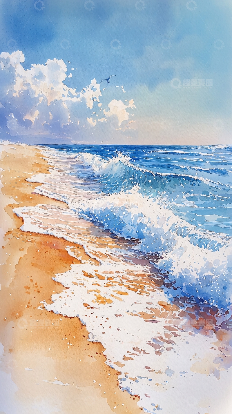 高清大图下载【趣麦麦图】水彩海滩风景画