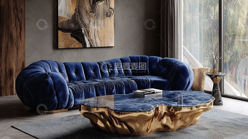高清大图下载【趣麦麦图】蓝色丝绒沙发
