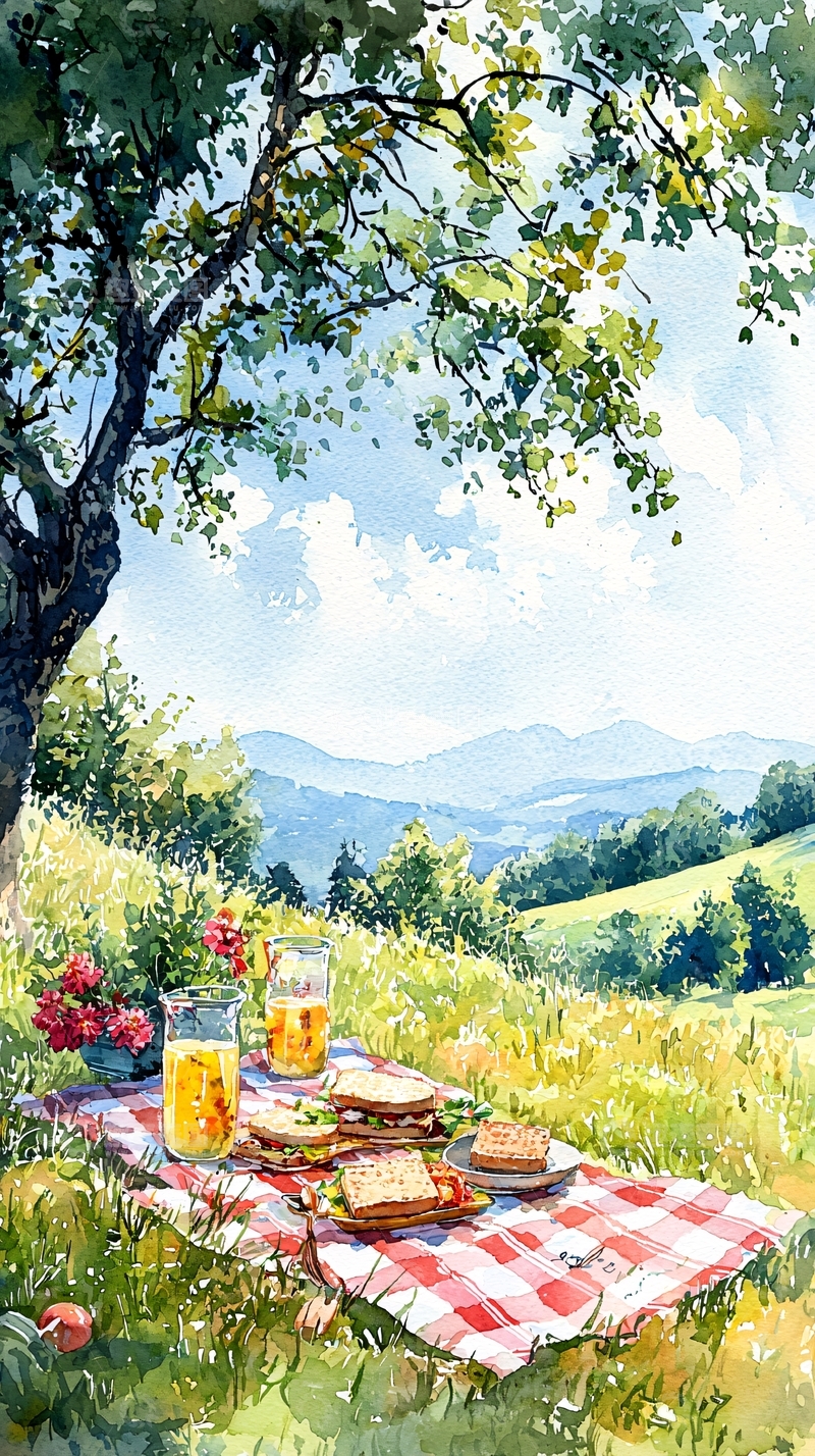 高清大图下载【趣麦麦图】树荫下野餐风景画
