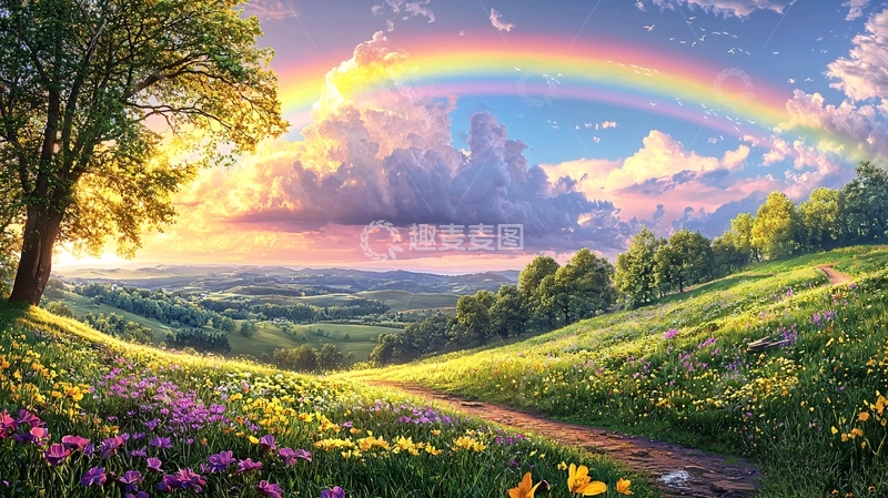 高清大图下载【趣麦麦图】田园风光彩虹下的唯美景色
