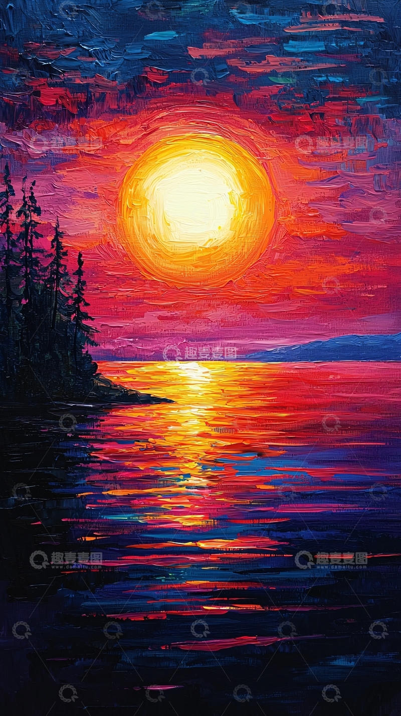 高清大图下载【趣麦麦图】油画风景日落