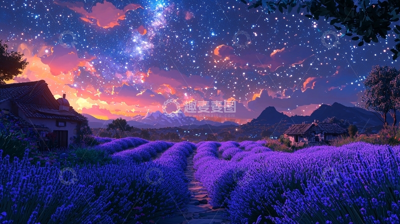 高清大图下载【趣麦麦图】梦幻薰衣草田星空夜景