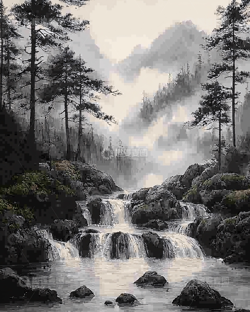 高清大图下载【趣麦麦图】雾气山谷瀑布