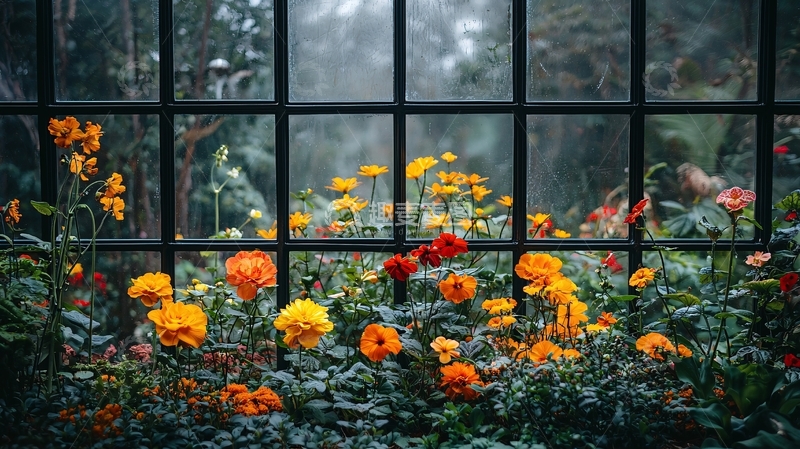 高清大图下载【趣麦麦图】雨雾中盛开的橙色花朵