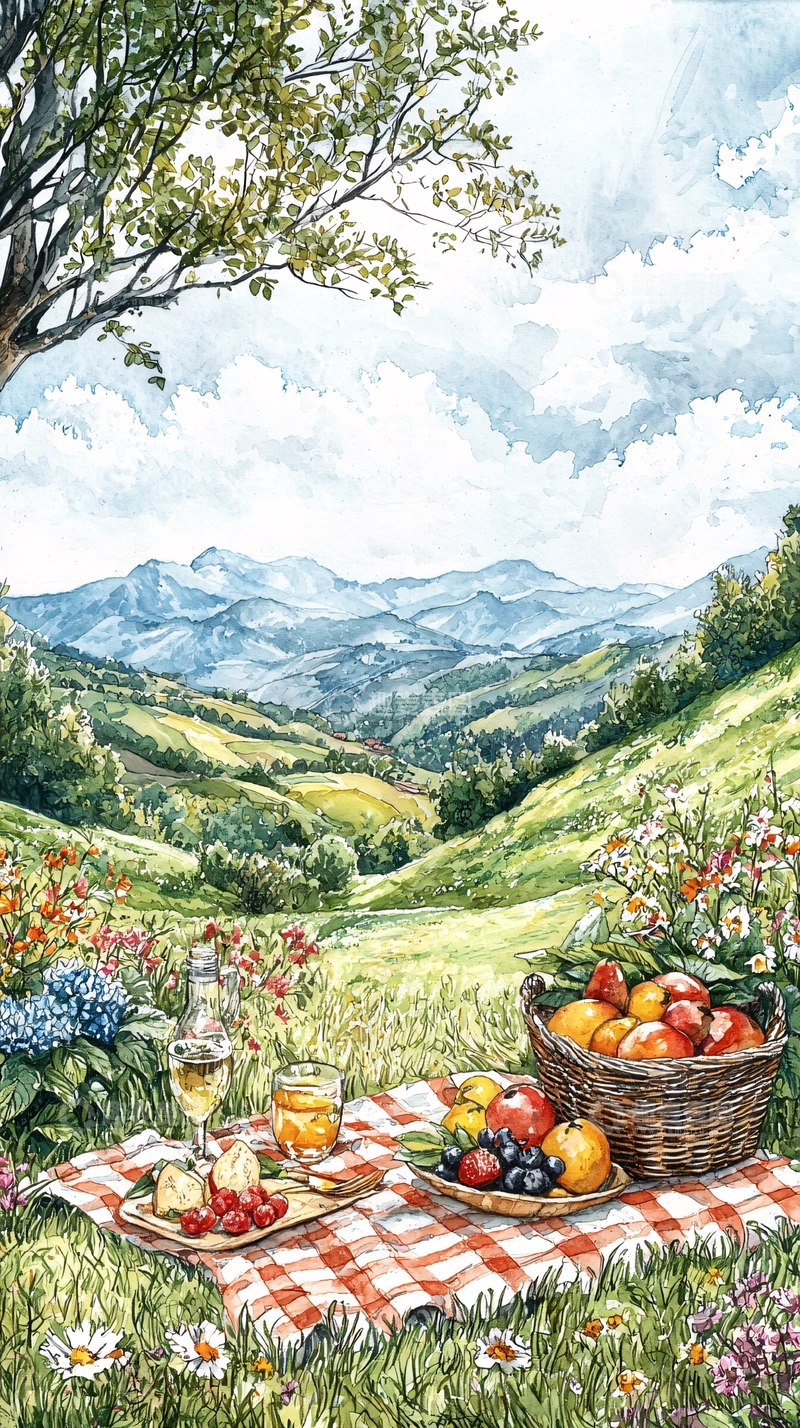 高清大图下载【趣麦麦图】山间野餐风景画