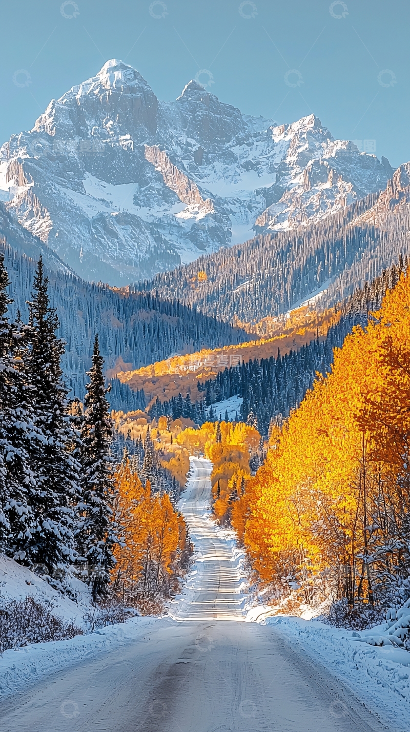 高清大图下载【趣麦麦图】雪山秋色公路