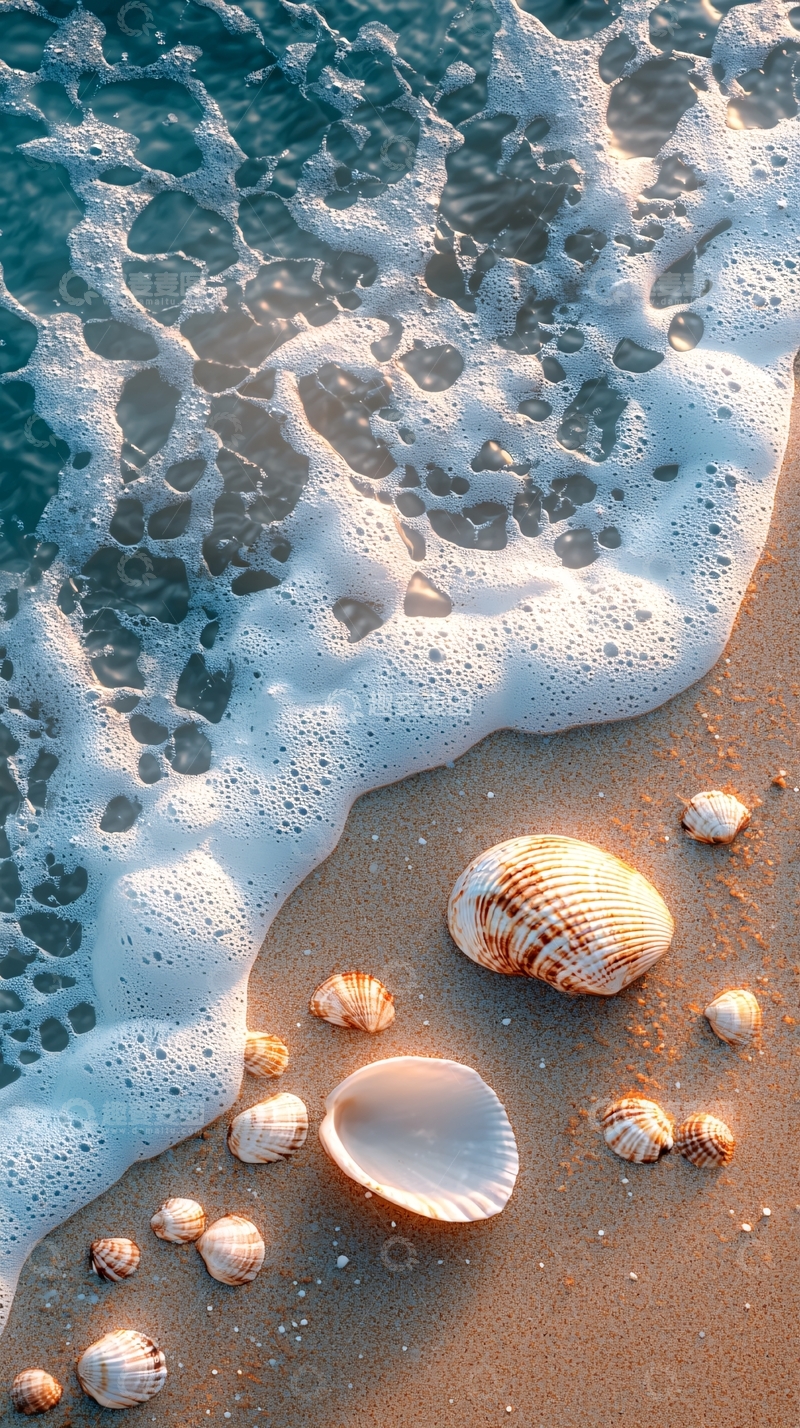 高清大图下载【趣麦麦图】海浪拍打沙滩与贝壳