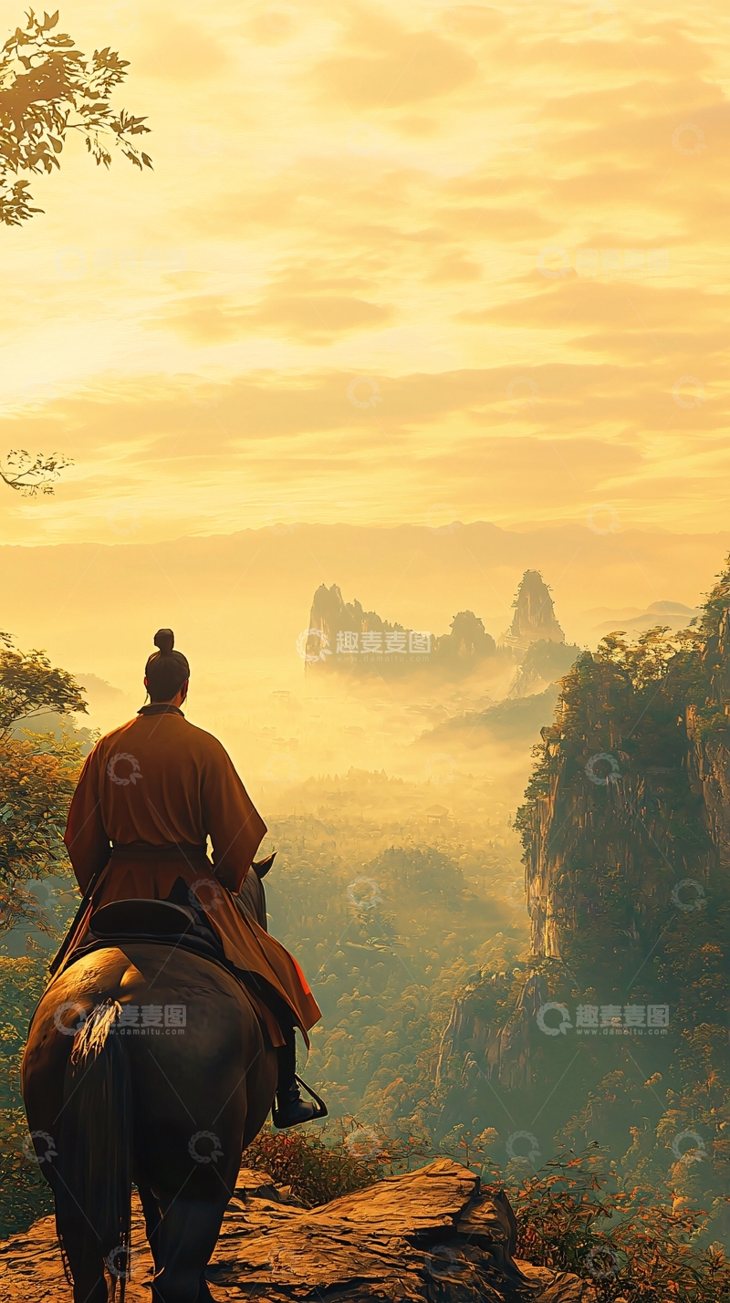 高清大图下载【趣麦麦图】落日余晖下的武士骑马远眺