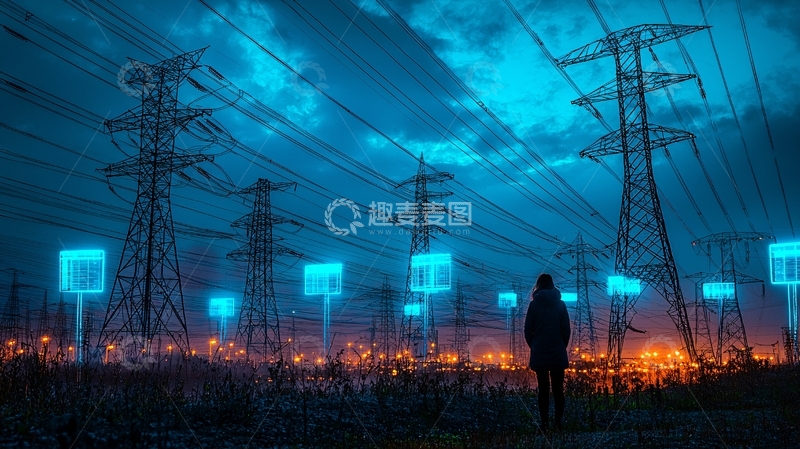 高清大图下载【趣麦麦图】蓝色夜空下的高压电塔