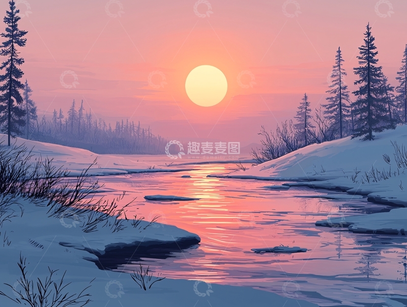 高清大图下载【趣麦麦图】冬日夕阳下的河流