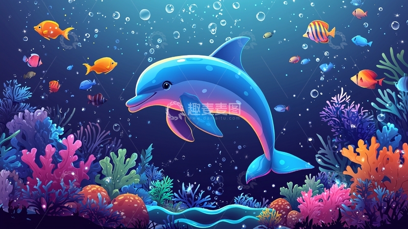 高清大图下载【趣麦麦图】水中卡通海豚和鱼