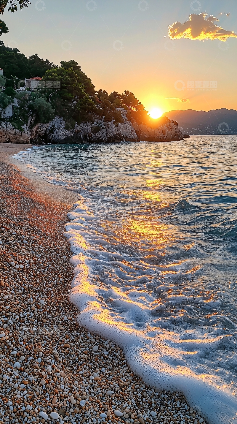 高清大图下载【趣麦麦图】海滩日落金光闪闪