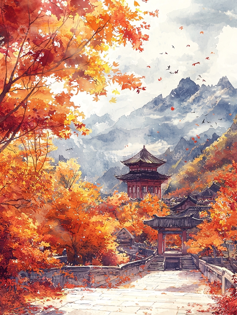 高清大图下载【趣麦麦图】秋日山间古建筑水彩画