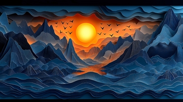 剪纸风格山水日落图