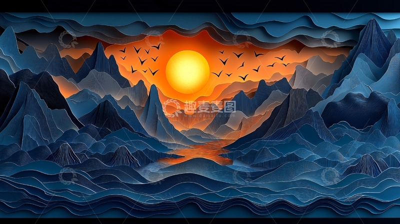 高清大图下载【趣麦麦图】剪纸风格山水日落图
