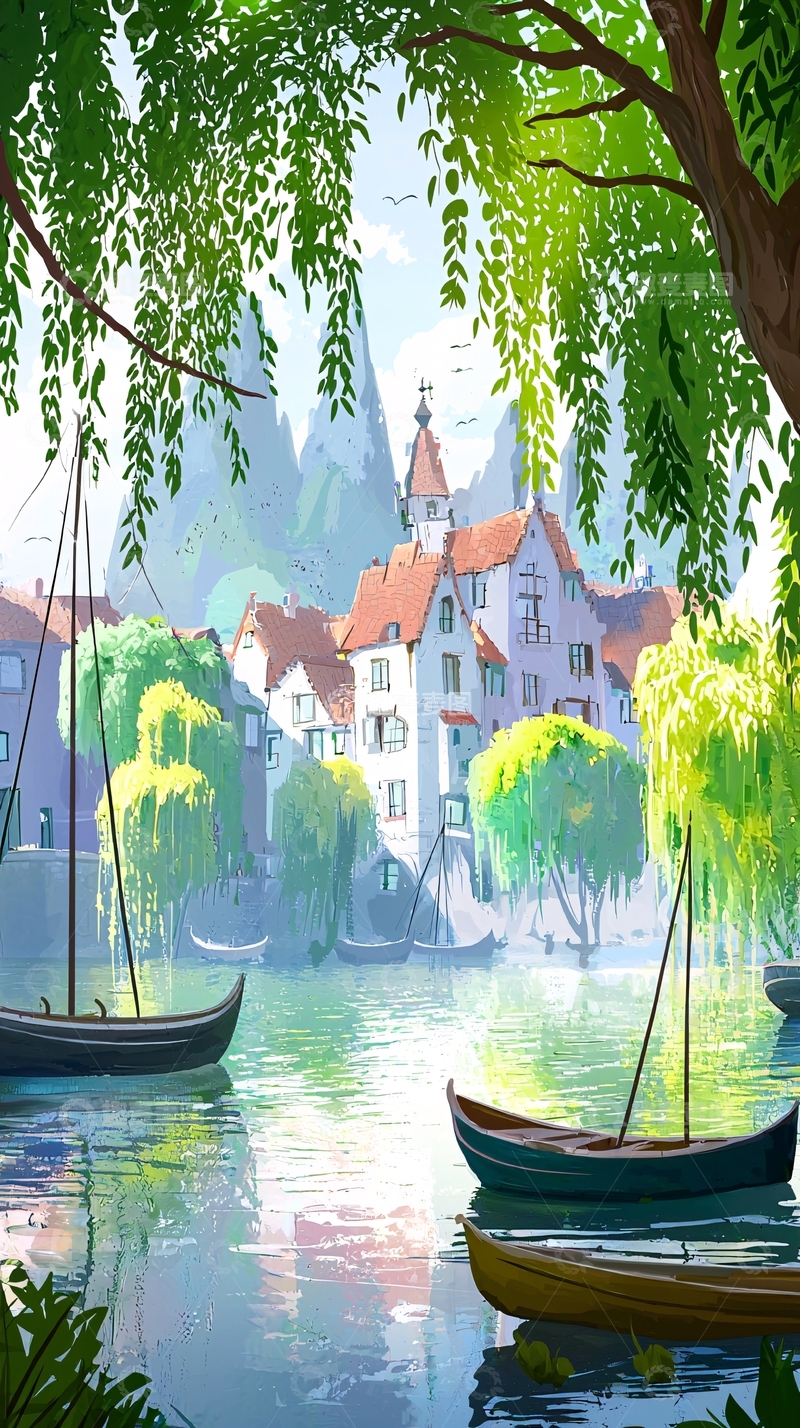 高清大图下载【趣麦麦图】梦幻湖边小镇