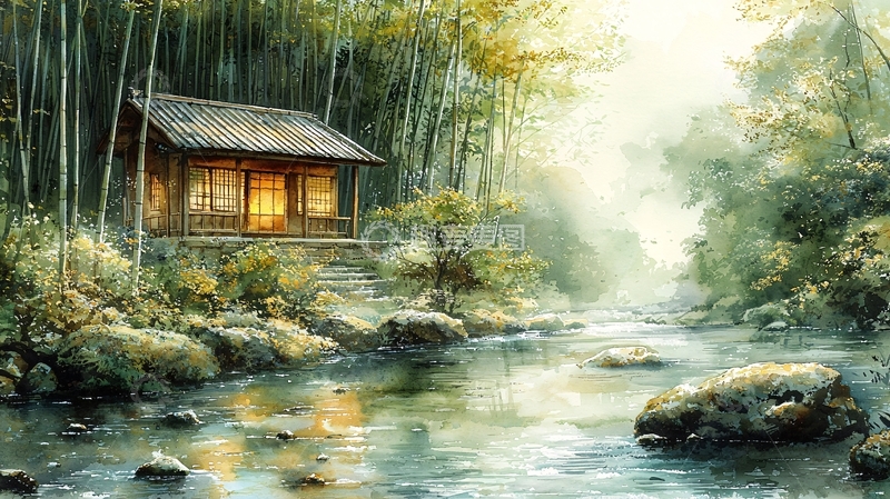 高清大图下载【趣麦麦图】竹林小屋溪流