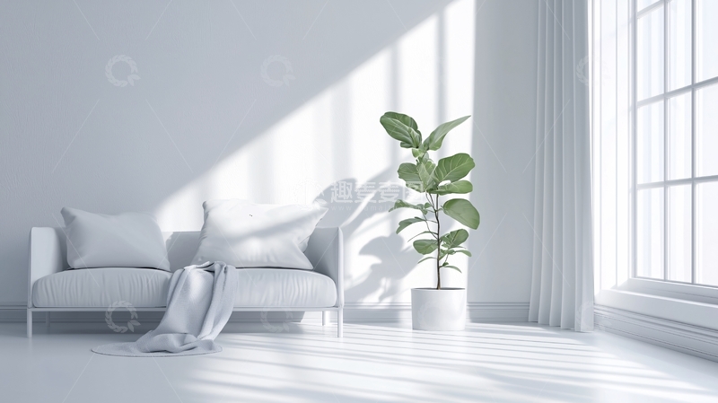 高清大图下载【趣麦麦图】极简白色客厅阳光洒落