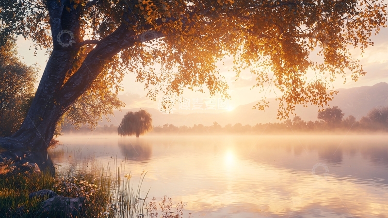 高清大图下载【趣麦麦图】晨雾湖畔大树日出