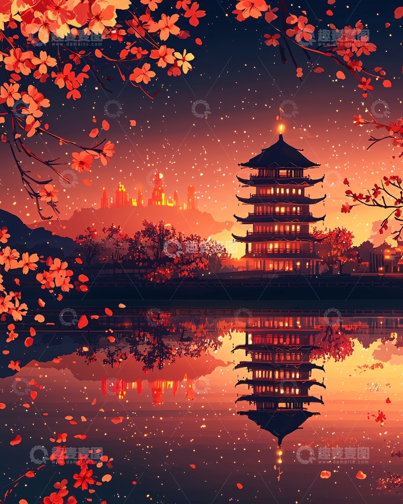 高清大图下载【趣麦麦图】动漫风樱花古建筑夜景