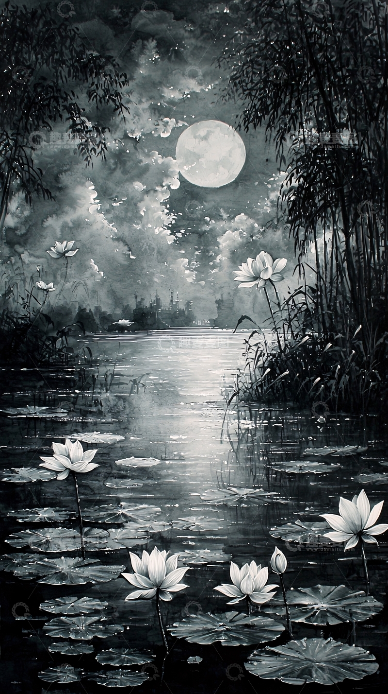 高清大图下载【趣麦麦图】水墨画风格月光荷塘