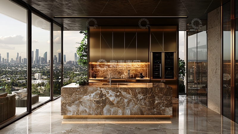 高清大图下载【趣麦麦图】极简现代金色系厨房设计