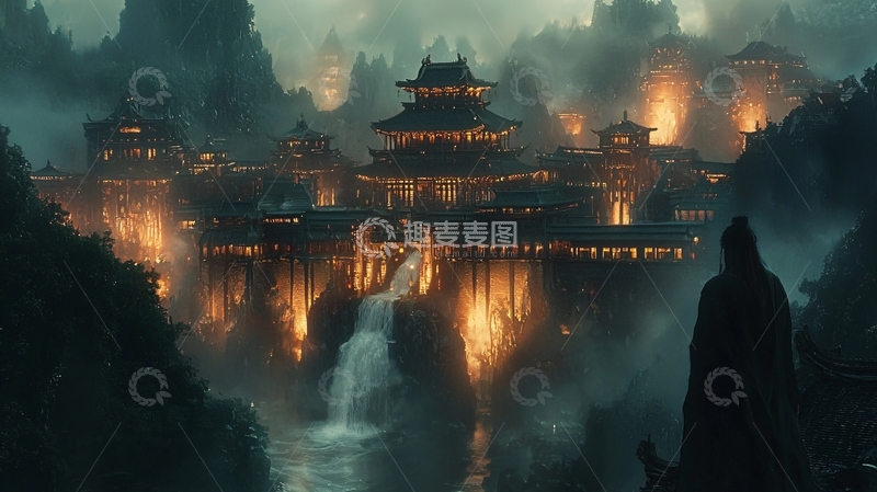 高清大图下载【趣麦麦图】悬崖上的中国风建筑群