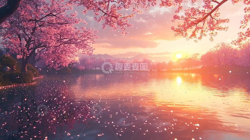 高清大图下载【趣麦麦图】樱花湖畔夕阳
