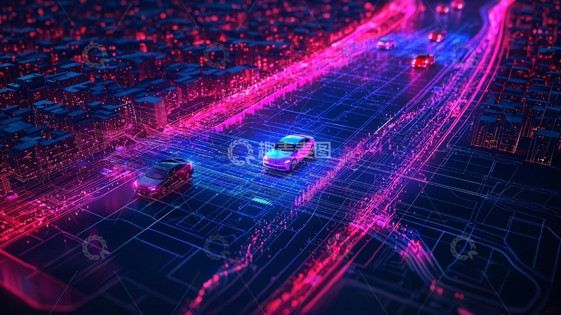 高清大图下载【趣麦麦图】夜间城市道路自动驾驶汽车