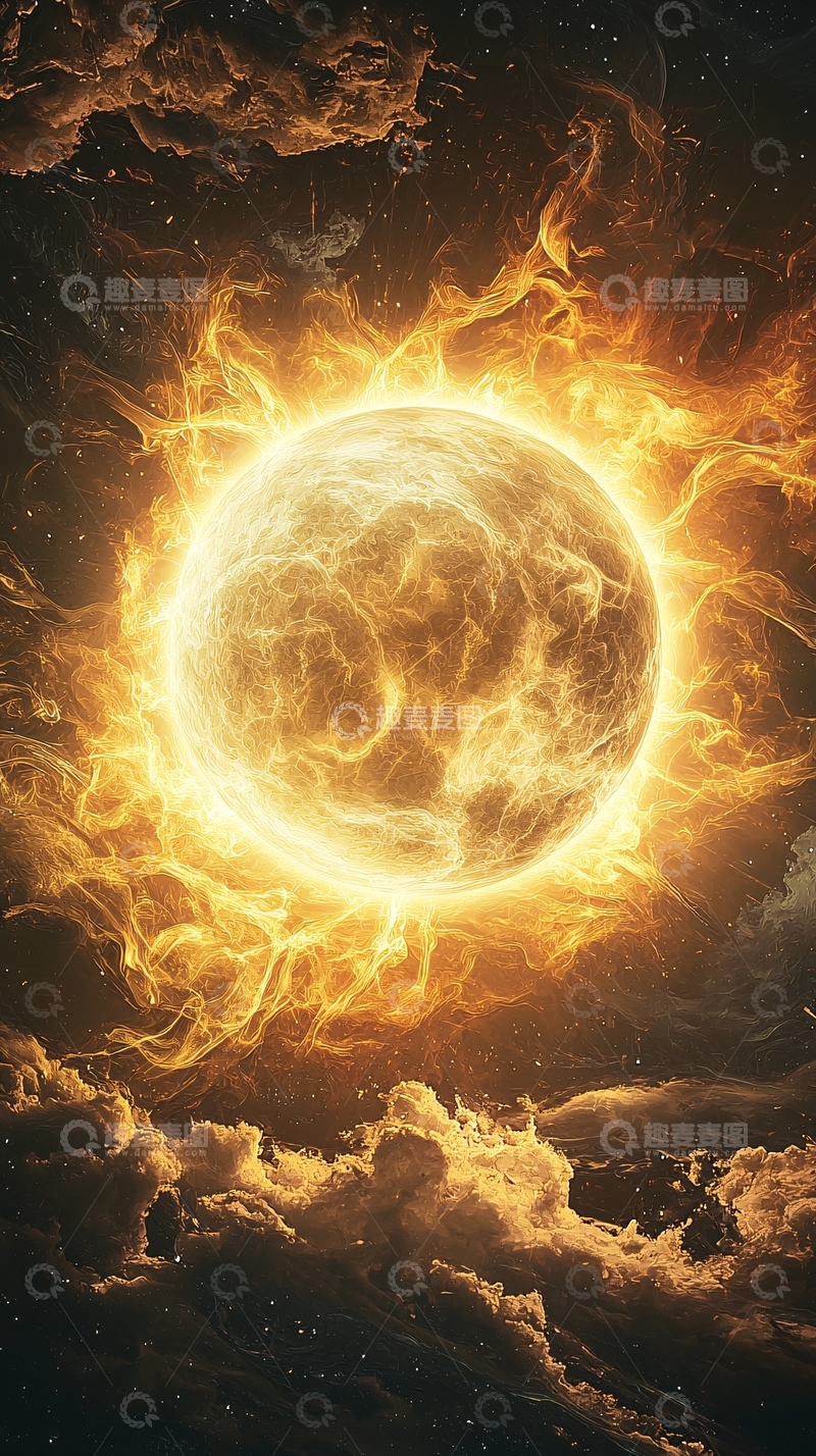 高清大图下载【趣麦麦图】燃烧的金色星球在宇宙中