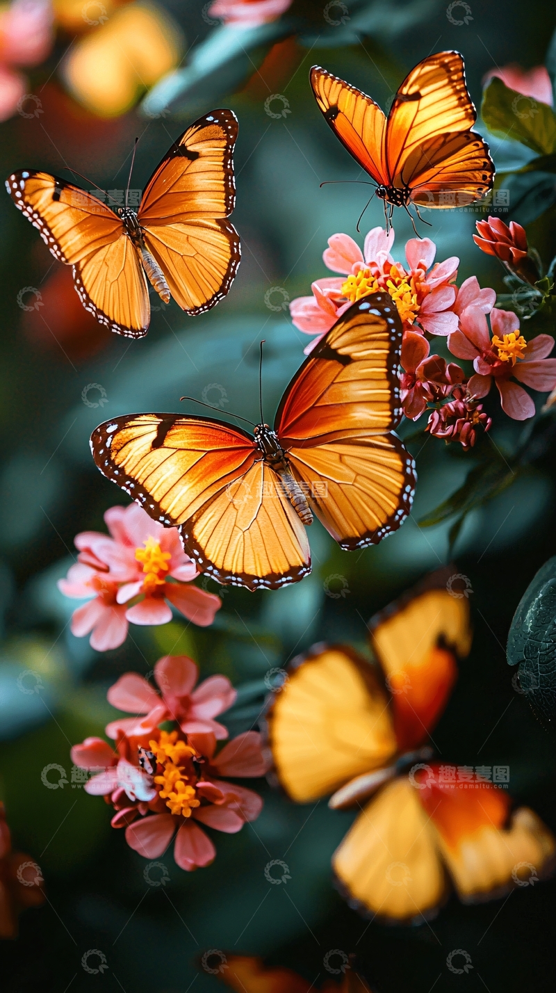 高清大图下载【趣麦麦图】橙色蝴蝶飞舞花丛