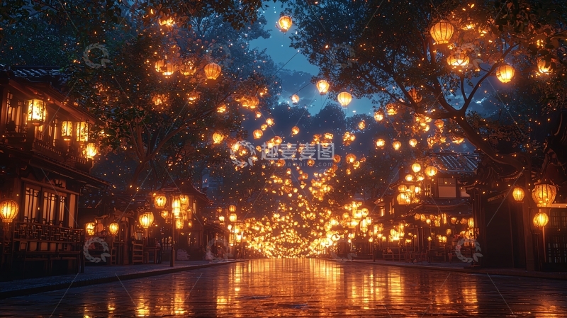 高清大图下载【趣麦麦图】夜晚古镇小巷灯笼