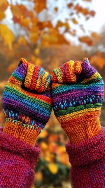 彩虹条纹毛线手套