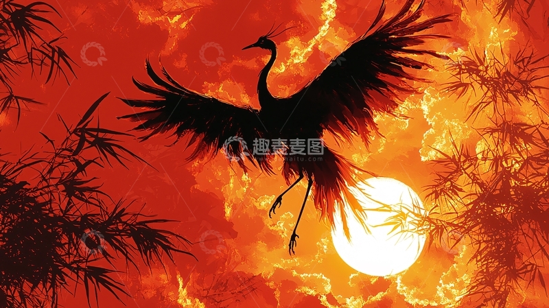 高清大图下载【趣麦麦图】夕阳下仙鹤飞舞