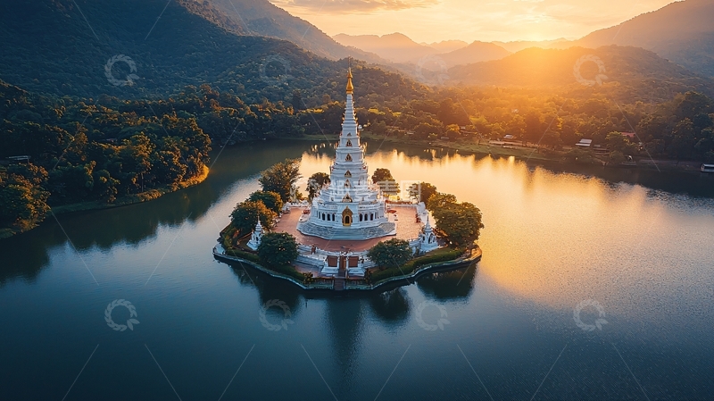 高清大图下载【趣麦麦图】日出时分湖心白色佛塔