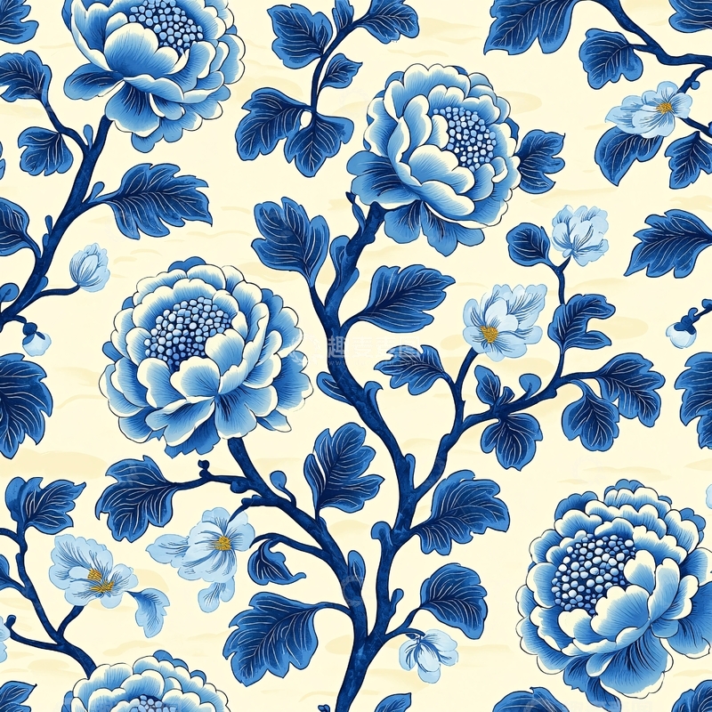 高清大图下载【趣麦麦图】青花瓷风格花卉图案