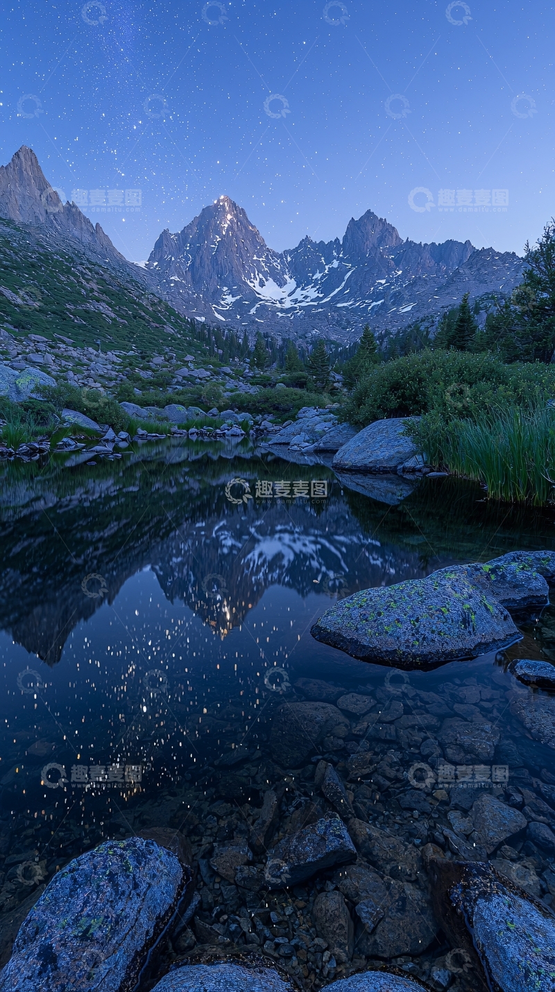 高清大图下载【趣麦麦图】夜幕下雪山倒影湖面