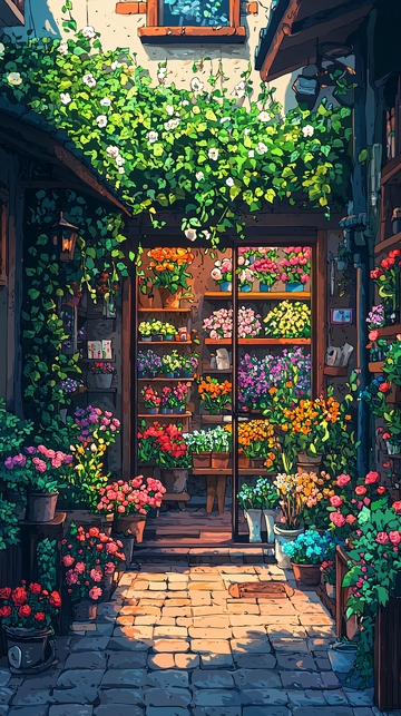 阳光洒落花店巷弄