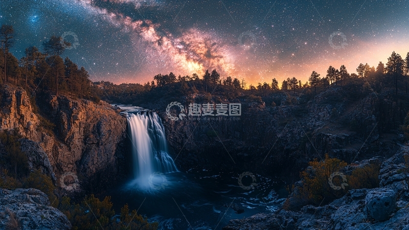 高清大图下载【趣麦麦图】星空下瀑布