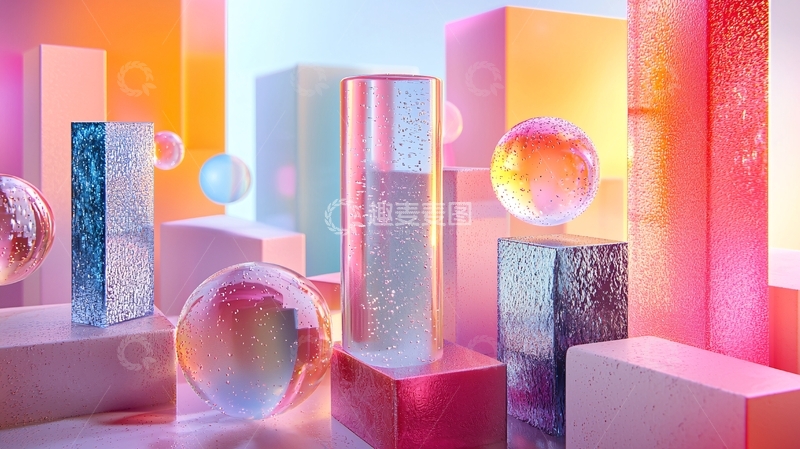 高清大图下载【趣麦麦图】彩色几何体块和透明球体
