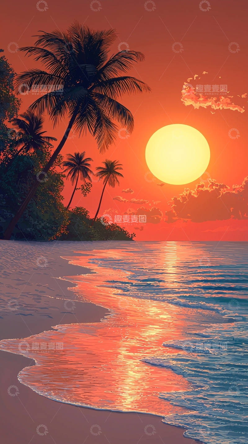高清大图下载【趣麦麦图】日落海滩椰树风景