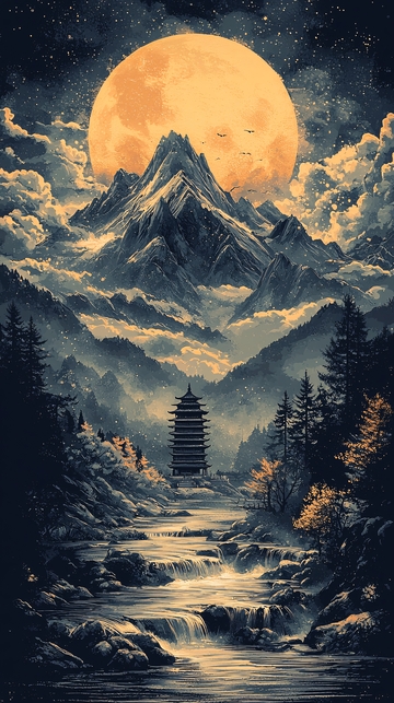 山峦叠嶂下的月夜塔影