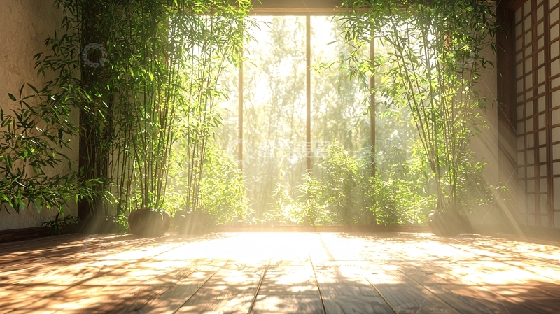 高清大图下载【趣麦麦图】阳光透过竹林洒进室内