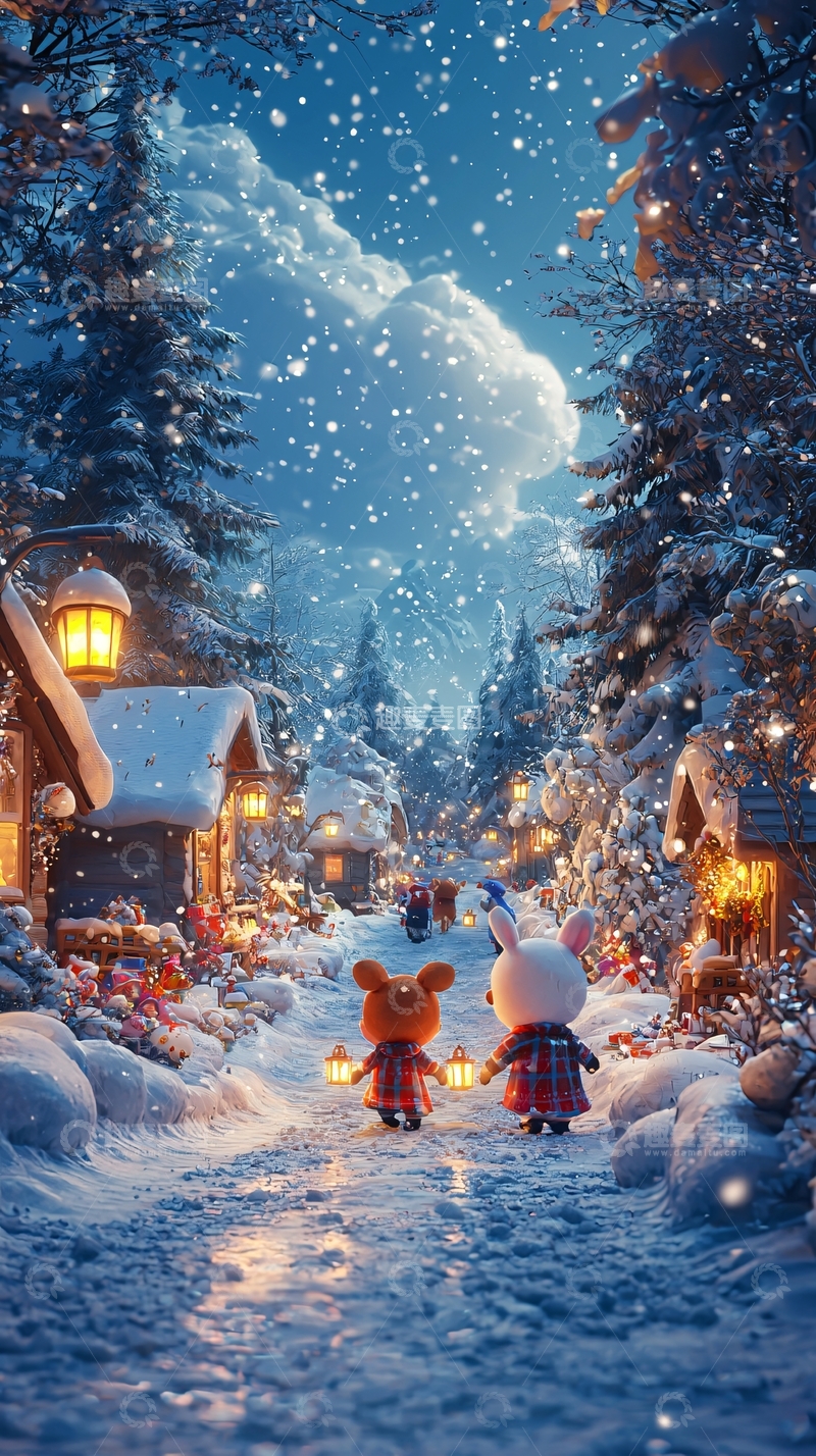 高清大图下载【趣麦麦图】冬夜雪景卡通村庄