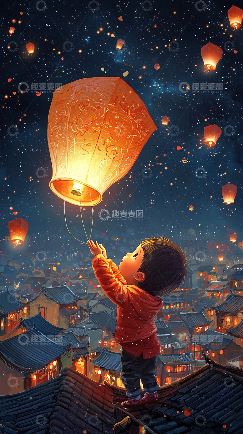 高清大图下载【趣麦麦图】孩子放飞孔明灯