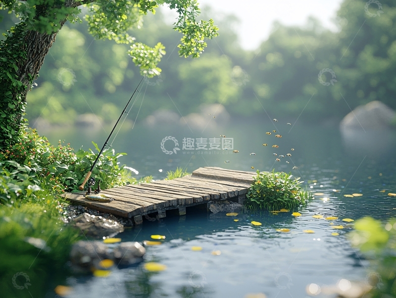 高清大图下载【趣麦麦图】宁静的湖边垂钓场景