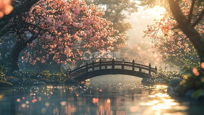 高清大图下载【趣麦麦图】唯美樱花树下小桥流水