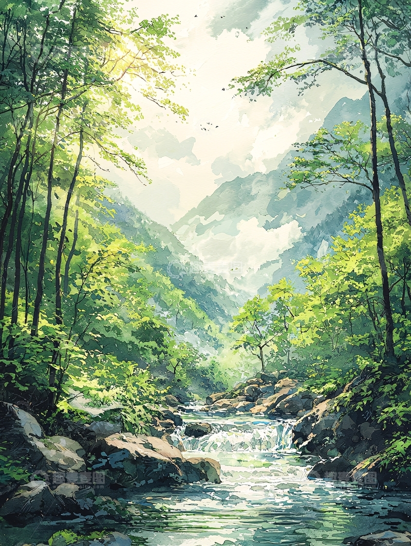 高清大图下载【趣麦麦图】绿意盎然的山谷溪流